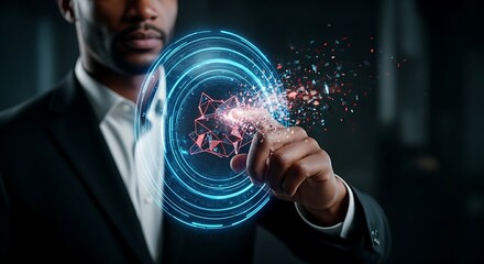 Next-generation firewall (NGFW) concept. A security expert's hand touches a multi-layered holographic shield that disintegrates an advanced threat icon.