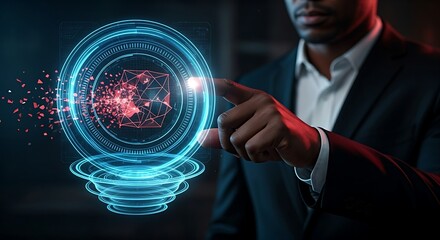 Next-generation firewall (NGFW) concept. A security expert's hand touches a multi-layered holographic shield that disintegrates an advanced threat icon.