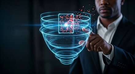 Next-generation firewall (NGFW) concept. A security expert's hand touches a multi-layered holographic shield that disintegrates an advanced threat icon.