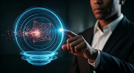 Next-generation firewall (NGFW) concept. A security expert's hand touches a multi-layered holographic shield that disintegrates an advanced threat icon.