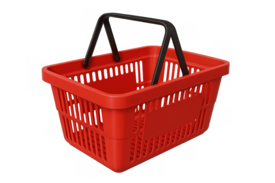 Red plastic shopping basket for grocery shopping, retail business and consumerism, transparent background