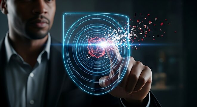 Next-generation firewall (NGFW) concept. A security expert's hand touches a multi-layered holographic shield that disintegrates an advanced threat icon.