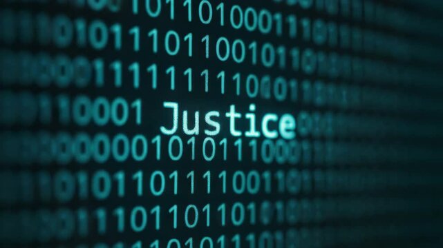 Justice concept visual metaphors ethical messaging blending digital binary code law data technology cyber fairness in modern cybersecurity narrative