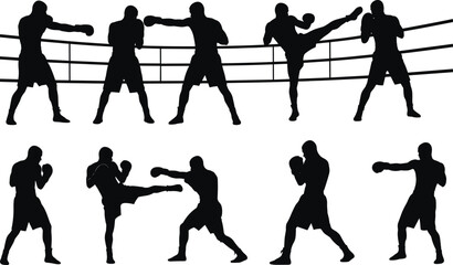 Boxing silhouette, martial arts, kickboxing training, fighter poses, combat sports, boxing ring, self defense, fight scene, athletic movement, fitness