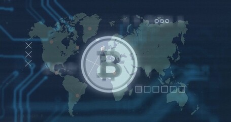 Displaying large circular Bitcoin logo over world map in network interface, with glowing circuits