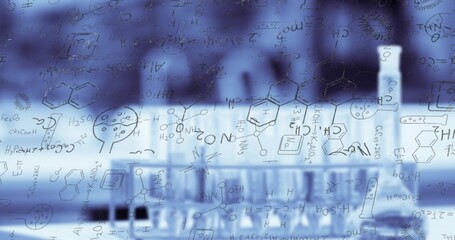 Displaying chemical and molecular formulas overlaying bench with test tubes, flasks and pipettes