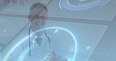 Standing doctor in white coat behind holographic medical interface in clinic, with stethoscope