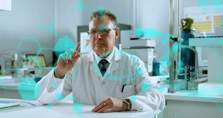 Analyzing scientist in lab coat examining hexagonal overlay at lab bench, with tablet and pipettes