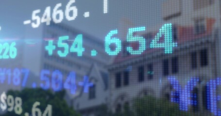 Floating digital figures overlaying classical city building facade with bright teal +54