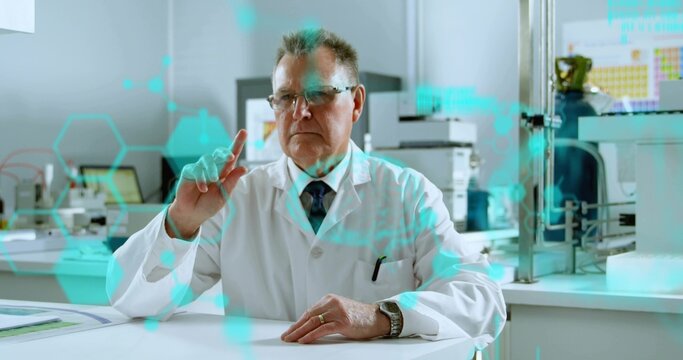Analyzing scientist in lab coat examining hexagonal overlay at lab bench, with tablet and pipettes