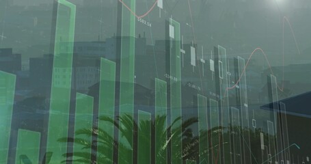 Overlaying chart over hazy city showing green bars, white candlesticks, trend lines and palm trees