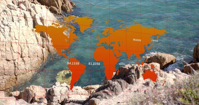 Displaying orange world map overlaying rocky coastal shoreline, showing red grid and numeric labels
