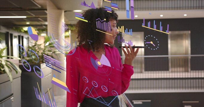 Using smartphone woman wearing red blouse analyzing data in office corridor, with virtual overlays