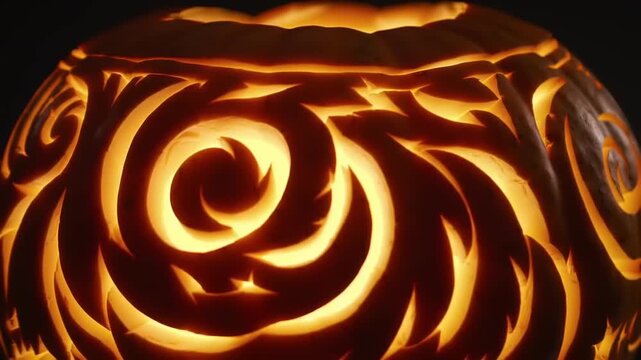 An artfully crafted jack-o'-lantern with a mesmerizing, luminous spiral pattern glowing warmly in the dark for Halloween night
