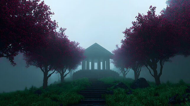 Enigmatic Gazebo in Mystical Realm: A mysterious gazebo stands enveloped by mist, flanked by vibrant trees, creating an atmosphere of tranquility.