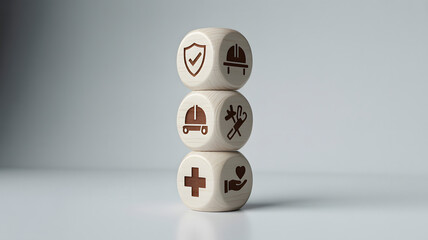 Wooden blocks stacked with icons symbolizing safety, work, tools, health, and care, representing essential elements for a secure and thriving business environment