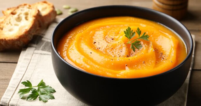 Tasty pumpkin cream soup with spices served on wooden table, closeup. Camera moving right