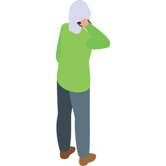 Elderly Person in Green Top and Gray Pants Talking on Phone with White Background Isolated Isometric View