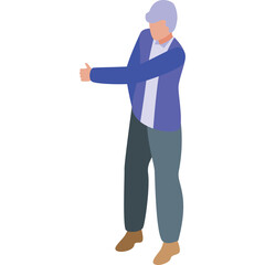 Elderly Person Wearing Blue Jacket and Grey Pants Performing a Gesture on Transparent Background