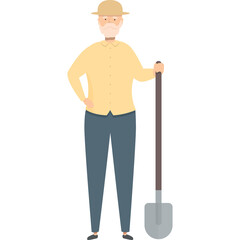 Elderly Man Wearing A Light Yellow Button Up Shirt Grey Pants And A Tan Bucket Hat Holding A Shovel With A Transparent Background