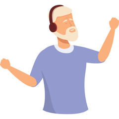 Elderly Man With Blond Beard and Headphones Enjoys Music With Eyes Closed and Arms Raised in Joyful Dancing Pose on a White Background