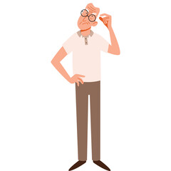 Elderly Man With Glasses Scratching Head In Confusion Wearing A Light Pink Polo Shirt And Brown Trousers On A Transparent Background