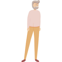 Elderly man with grey beard wearing a light pink sweater and orange pants standing against a white background with a slight lean to the left