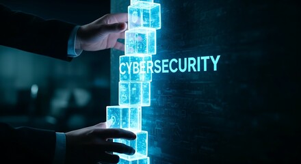Building a cybersecurity wall. An IT architect's hands assemble glowing light blocks to build a tall, impenetrable digital wall labeled "CYBERSECURITY."