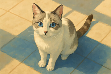Adorable cat with striking blue eyes looking up in gentle light, a charming companion animal portrait capturing a sweet and endearing moment of domestic bliss and furry friendship