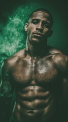 Fototapeta premium Confident Young Man Displaying Muscular Physique with Smoke