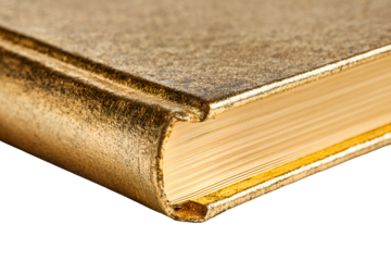 Close up of a luxurious gold covered book with gilded pages on a black background