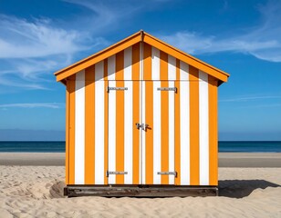 Colorful beach hut with orange and white stripes against a blue sky