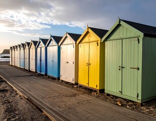 Naklejka premium Colorful beach huts line a wooden walkway, with ocean and cloudy sky background