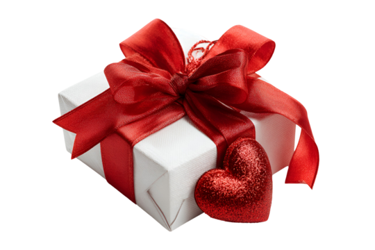 White gift box with red ribbon and glitter heart decoration - Powered by Adobe