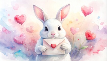 ラブレターを抱えた白うさぎのバレンタインイラスト