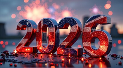 Vibrant 2026 numerals, adorned with flag patterns, glow under fireworks, celebrating a global Happy New Year, encompassing China and Hong Kong.