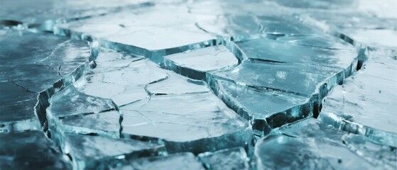 Naklejka premium Cracked ice surface with fragmented patterns and reflective texture