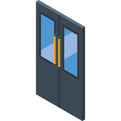 Double Door With Translucent Panes And Orange Handles Rendered In 3D Isometric View On A White Background