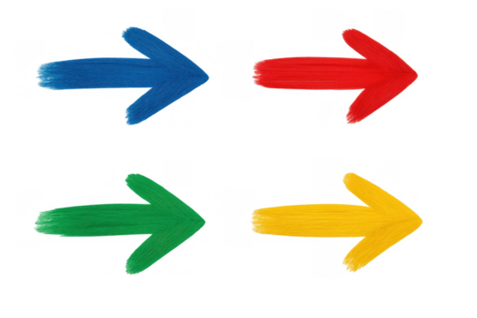 Colorful paint stroke arrows pointing direction, showing progress and movement, isolated on transparent background