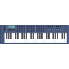 Digital Synthesizer Keyboard With Many Buttons And Knobs In A Studio Environment With White Background And Flat Design Style
