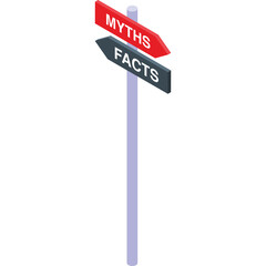 Directional Signpost With Red Myths Arrow Pointing Left And Dark Facts Arrow Pointing Right On A Purple Pole With White Background