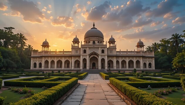 Beautiful bibi ka maqbara at sunset with manicured gardens and a stone pathway leading up to it