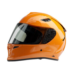 Fototapeta premium Bright orange motorcycle helmet with tinted visor on black background