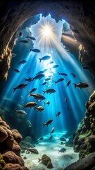 Obraz premium Sunlight streams through underwater cave illuminating a school of fish