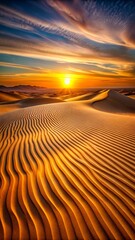 Naklejka premium Golden desert sand dunes sculpted by wind under a vibrant sunset sky