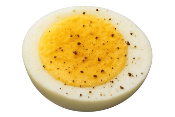 Half hard-boiled egg with cracked black pepper showing yellow yolk and white albumen on transparent background