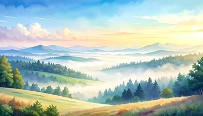 Obraz premium Misty Mountain Landscape at Sunrise.