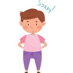 Sad young boy with brown hair wearing a pink t shirt and purple pants looking down with hands on hips and SORRY written above his head in green text on a transparent background