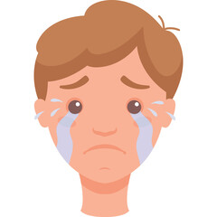 Sad Young Person With Brown Hair Crying Blue Tears In A Transparent Background, Expressing Grief And Sadness, Cartoon Style Illustration