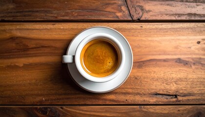 A close-up top view of a classic espresso coffee served in an elegant cup, sitting on a wooden café table.